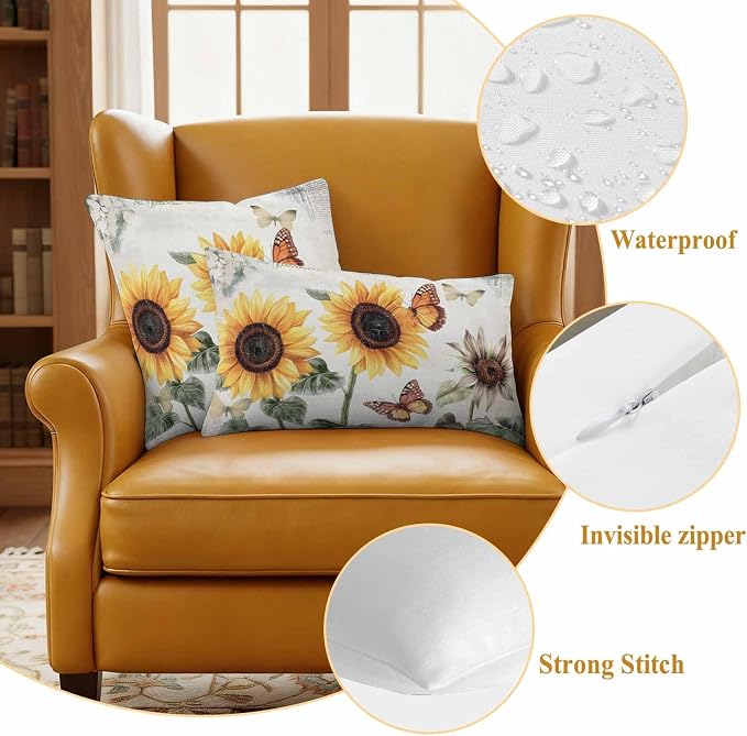 Sunflower Outdoor Waterproof Throw Pillow Covers Set of 2, 20"x12", Farmhouse Rustic Retro Summer Floral Butterfly Decorative Pillow Covers Outside Cushion Case for Patio Porch Garden