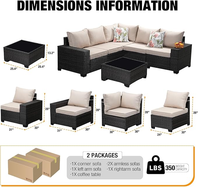 JOYURE 6 Pieces Patio Furniture Set All-Weather Outdoor Wicker Sectional Conversation Sofa Rattan Patio Seating Sofa with Cushion and Glass Table for Porch Poolside,Beige