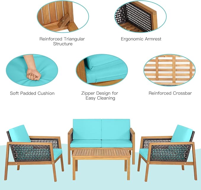 4 Pieces Outdoor Acacia Wood Furniture Set, Outdoor PE Wicker Conversation Set with Coffee Table and Soft Cushions, Outdoor Sofa Set for Garden, Poolside and Backyard (1, Turquoise)