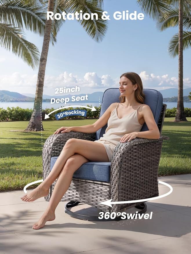 3-Piece Outdoor Patio Furniture Set with Swivel Chairs, Outdoor Conversation Wicker Sofa with Coffee Table, Rattan Couch for Deck Yard Poolside, Blue