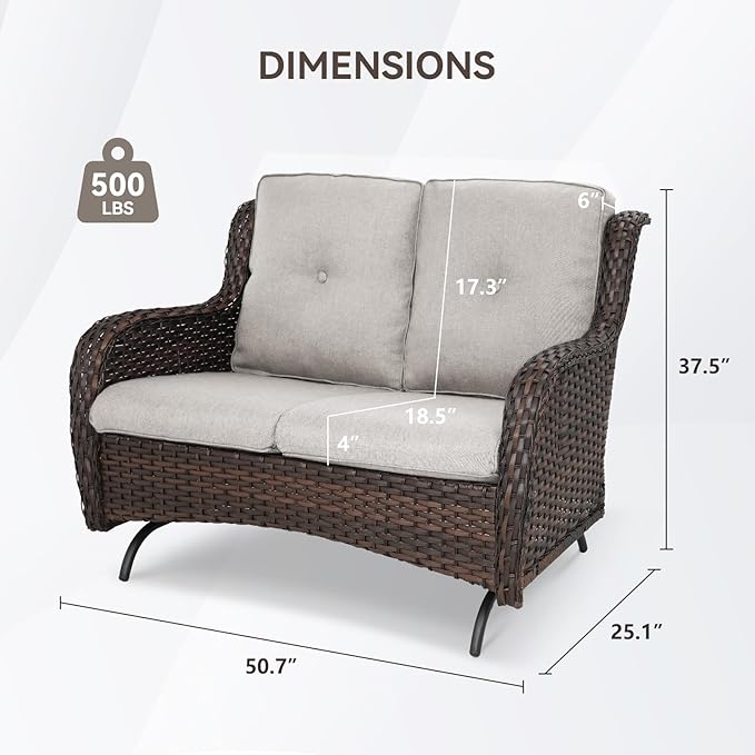 Patio Loveseat Wicker Loveseat Rattan Glider Sofa with Curved Armrest Thicking Back & Seat Cushions for Garden Balcony Backyard Brown Wicker|Beige Cushions (A) Patio Loveseat Glider