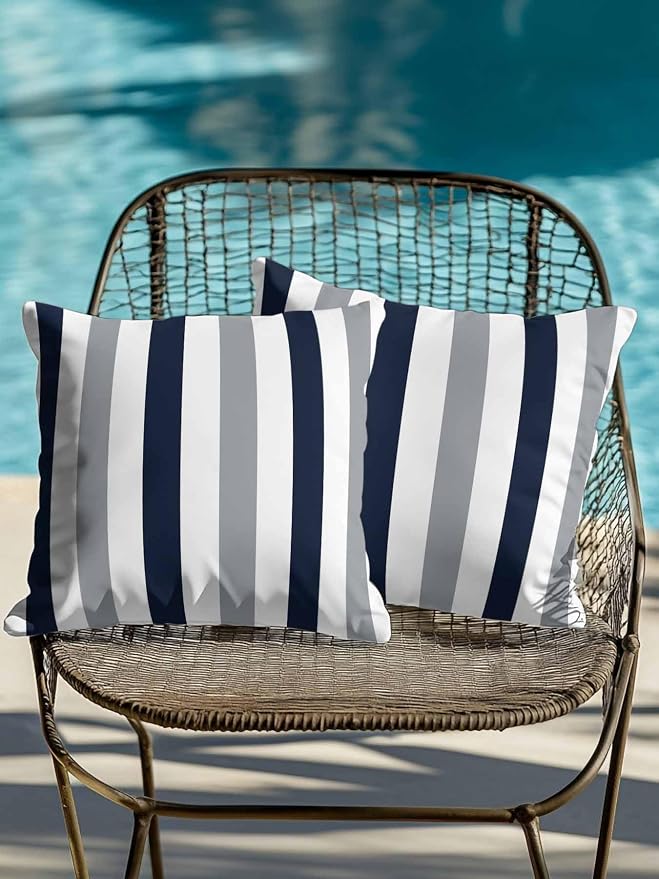 Outdoor Pillows Waterproof, Navy Blue Gray Striped Bedding Throw Pillows with Insert for Couch Sofa Bed, Farmhouse Stripe Art 18x18 Inch Pillowcases Decorative Camping Patio Pillow Set of 2