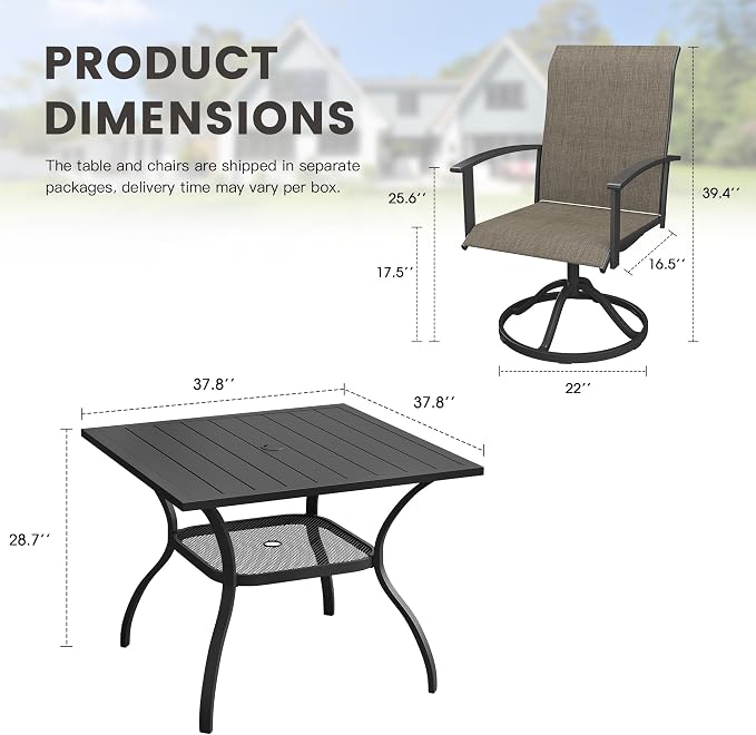 5 Pieces Patio Dining Set, Outdoor Furniture of 37.8" Square Patio Table and Patio Swivel Chairs for Backyard Lawn Garden, Black Table and Mixed Brown Chairs