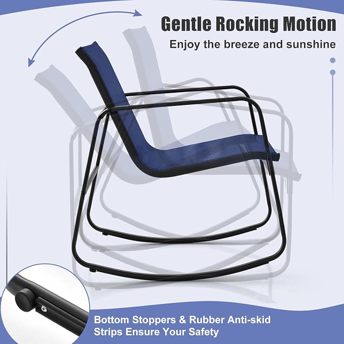 HAPPYGRILL 4 Pieces Patio Rocking Furniture Set with Loveseat, 2 Rocking Chairs & Glass-Top Coffee Table, Outdoor Porch Rocker Chair Conversation Set for Balcony, Poolside, Garden, Backyard (Navy)