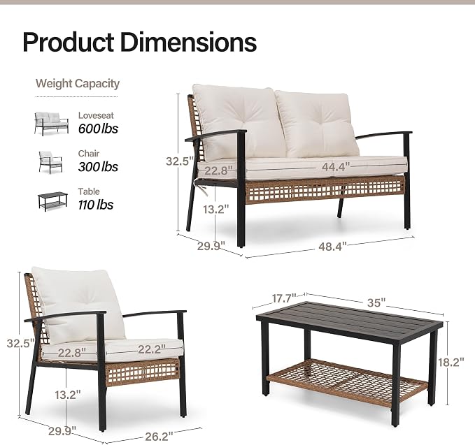 LAUSAINT HOME 6 Pieces Patio Conversation Set, Comfortable Oversized Outdoor Furniture Set with Soft Cushion and Storage Metal Coffee Table for Backyard, Porch, Garden and Poolside, Beige