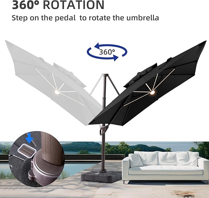 10 X 13 FT Cantilever Patio Umbrella with Led Lights and Base Included Heavy Duty Outdoor Double Top Large Rectangle Offset Umbrellas with 360-degree Rotation for Garden Pool Deck Backyard, Black