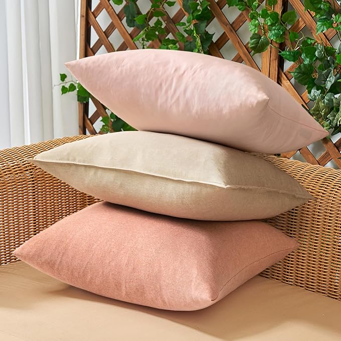 Outdoor Waterproof Throw Pillow Covers Light Pink 16x16 Set of 2 | Decorative Farmhouse Linen Pillowcases Solid Cushion Cases for Patio Tent Balcony Couch Sofa Living Room