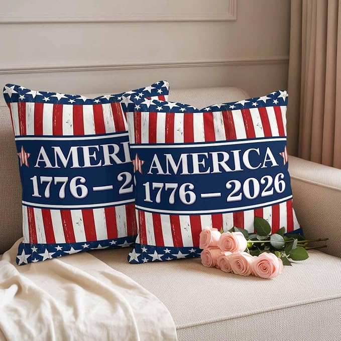 Outdoor Pillow Covers Waterproof, 250 Year American Anniversary Flag Decorative Square Throw Pillowcases Patio Cushion Covers for Tent/Garden, 20" x 20" 2 Pack, Blue Red USA