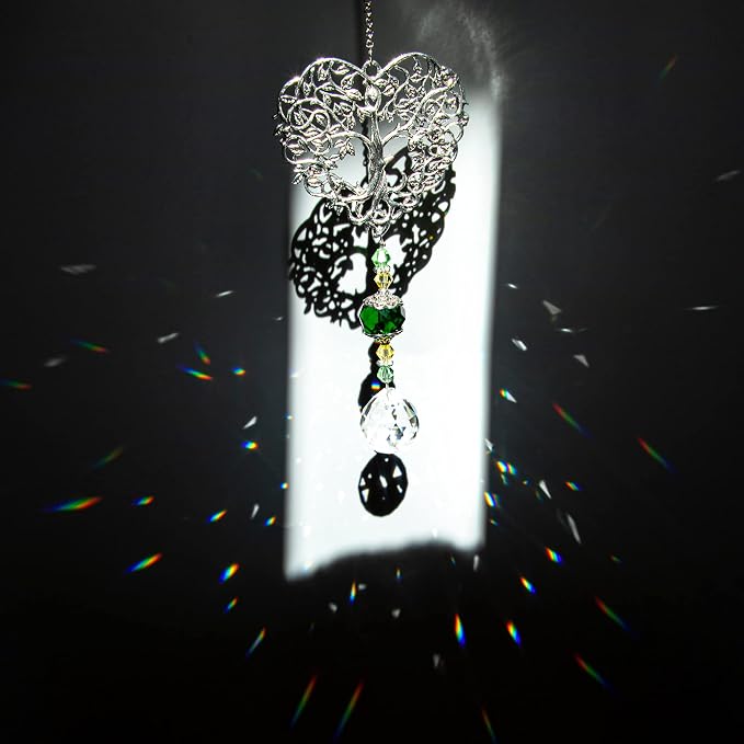 Tree of Life Heart Crystal Suncatcher Prism Rainbow Maker Window Decor | Tree of Life Heart Shaped Crystal Drop Prism Suncatcher Hanging Ornament for Window Garden Home Office Wedding Party Decor