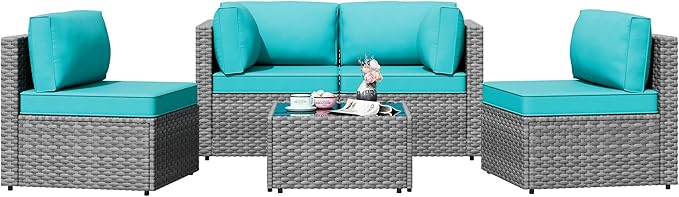 Patio Furniture Sets, 5 Piece Outdoor Sectional Sofas, Wicker Rattan Outdoor Furniture Patio Conversation Set, All-Weather PE Rattan Outdoor Couch for Backyard, Garden, Gray & Blue