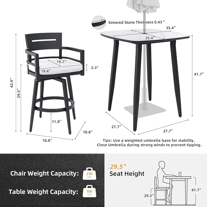 Modern 5-Piece Outdoor Patio Bar Table Set for 4, Small Square Marble Stone Table with 4 Weather-Resistant Swivel Bar Chairs, Aluminum Frame and Umbrella Hole, Sunbrella Cushion