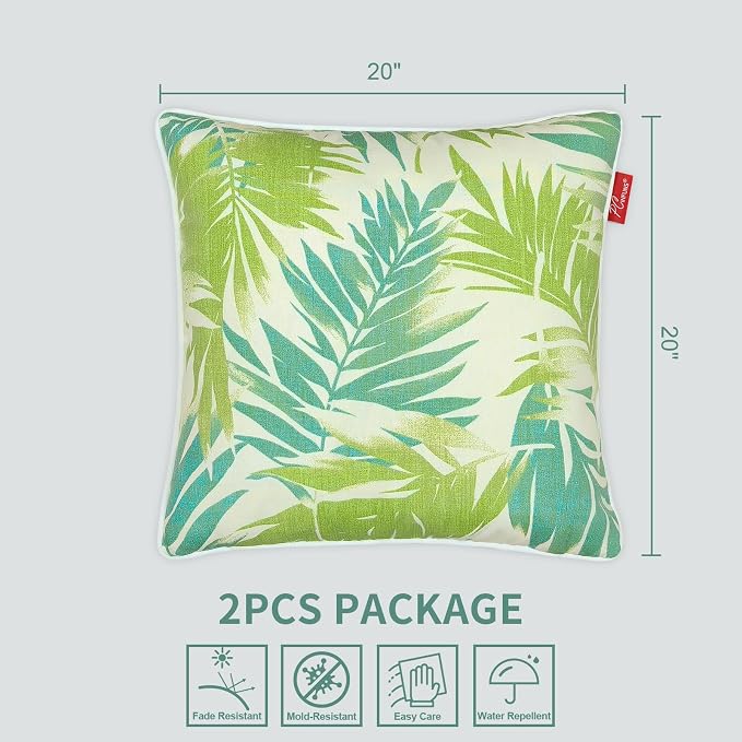 Pack of 2 Outdoor Throw Pillows,20x20 Inch All-Weather Water-Resistant Patio Pillows with Inserts,Decorative Pillows for Patio Furniture,Couch,Sofa,Poolside,Green Leaf