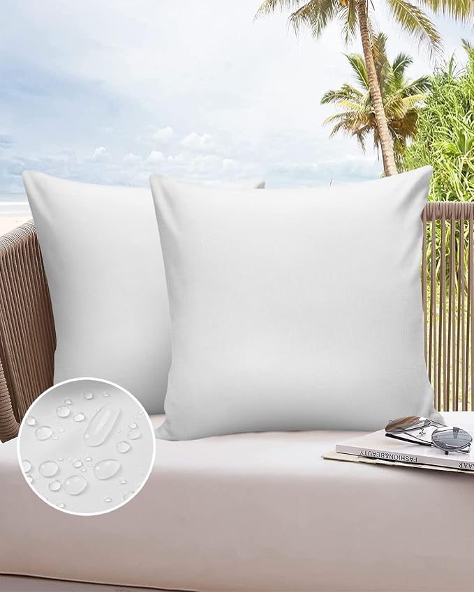 Outdoor Waterproof Pillow Covers for Patio Furniture Pure White Decorative Throw Pillow Cover Solid Color Pillowcases Set of 2 Cushion Case for Sofa Couch Chair Home Decor 24x24 inch x 2pcs