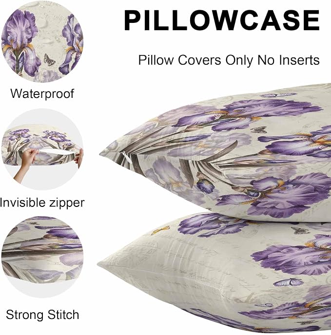 Purple Iris Outdoor Pillow Covers 16x16 Inch Throw Pillow Covers Set of 2 Waterproof Decorative Pillow Cases Spring Vintage Butterfly Leaves Flowers Beige Cushion Covers for Patio Furniture Garden