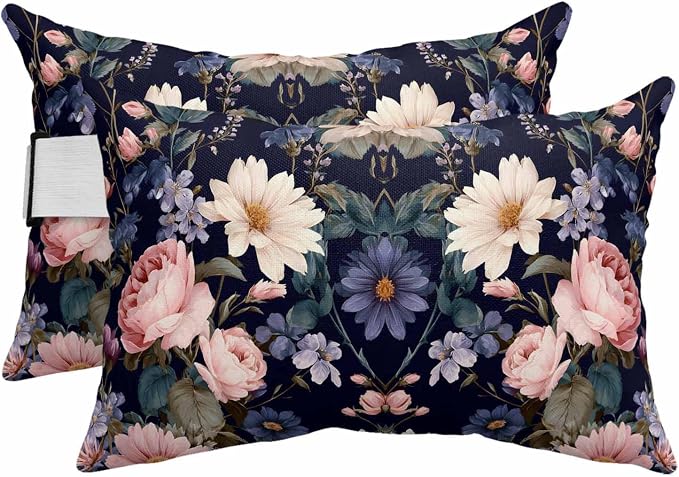 Outdoor Pillows with Insert 2 Pack-11"x16" Floral Head Pillow for Pool Lounger and Office Chair Flowers Vintage Boho Romantic Lumbar Pillow with Adjustable Strap
