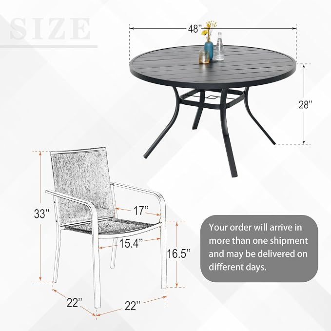 Anmutig 7 Piece Patio Dining Set 48 Inch Round Table Stackable Chairs Beige | Powder-Coated Steel Frame, Quick-Dry Textilene Mesh, Dual-Size Umbrella Hole, Weather Resistant, Patio, Garden, Backyard