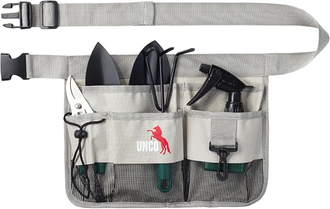 UNCO- Adjustable Gardening Belt, Light Gray, 7 Pockets, Wear Resistant, Cut Resistant, Water Resistant, Garden Tool Belt Pouch, Waist Apron with Pockets