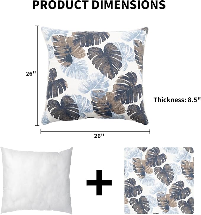 2 Pack Outdoor Throw Pillows 26" Patio Sofa Pillow,Blue Leaves | Water-Resistant Outdoor Cushions,Decorative Pillows with Insert for Patio Garden Porch,Blue Leaves