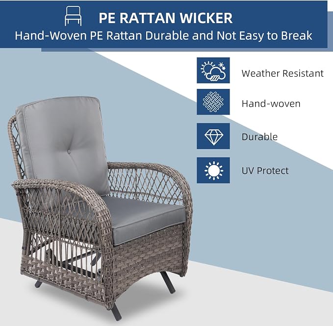 Outdoor Wicker Glider Rocker Chair Set of 2, Patio Rattan Gliding Rocking Chairs with Thickened Cushions, All-Weather Wicker Furniture Sets for Porch Garden & Backyard, Gray