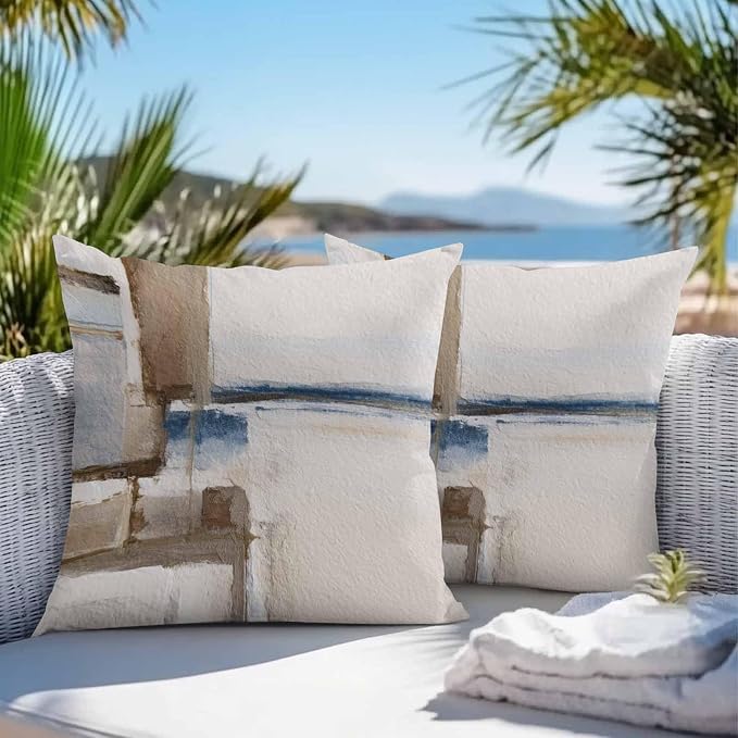 Throw Pillow Covers 16x16 Inch Set of 2, Beige Brown Blue Waterproof Outdoor Cushion Covers, Vintage Abstract Mottled Texture Decorative Pillowcases for Couch, Sofa, Bed, Garden, Patio