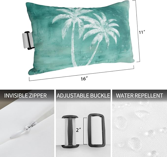 Palm Trees Tropical Outdoor Pillows for Chaise Lounge Chair Waterproof Lumbar Pillows with Insert&Adjustable Strap Beach Headrest Pillow Shabby Turquoise Summer Coastal Recliner Pool Pillow 11"x16"