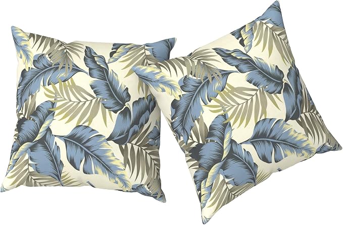Outdoor Pillows with Insert 18x18 Inch, Waterproof Throw Pillow for Patio Furniture, Decorative Back Cushion for Garden Home Sofa Office Chair, Set of 2, Lush Palm Blue