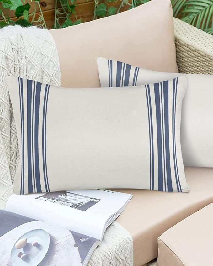 Outdoor Waterproof Pillow Covers for Patio Furniture Blue Ticking Vertically Stripe Decorative Throw Pillow Cover Simple Style White Pillowcases Set of 2 Cushion Case for Sofa Couch Chair 20 x 12 In