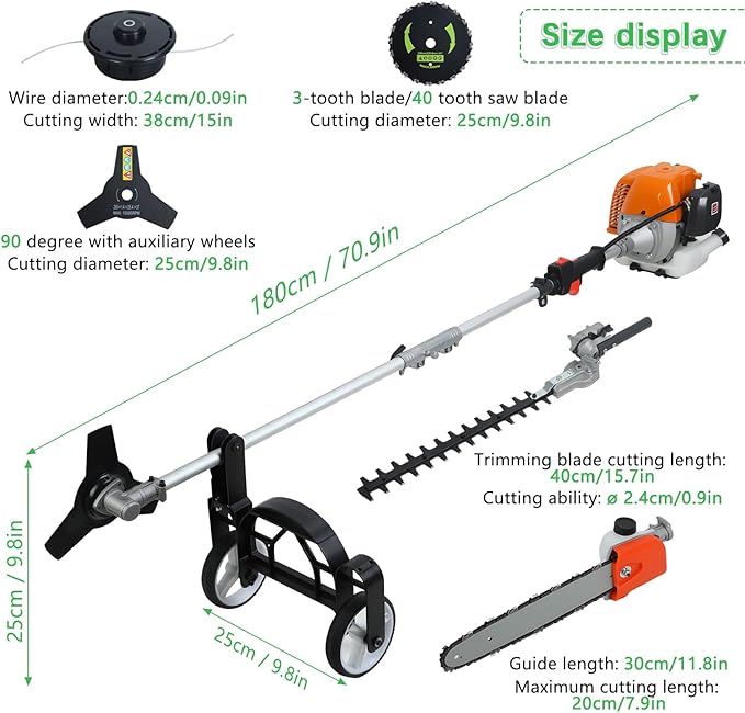 52cc 2-Cycle Gas Powered Weed Eater, Heavy-Duty Brush Cutter, Gas String Trimmer & Hedge Trimmer Combo Kit with Extension Pole, 2.3KW Multi-Functional Trimming Tool for Weeds Grass Orange