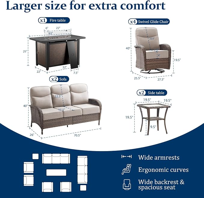 Outdoor Swivel Rocking Chair Patio Set (9pcs) High-Back - Thick Cushion Swivel Rocking Chair Patio with Fire Table Set, All-Weather Wicker Patio Furniture Set, Suitable for Balcony Patios, Brown/Beige