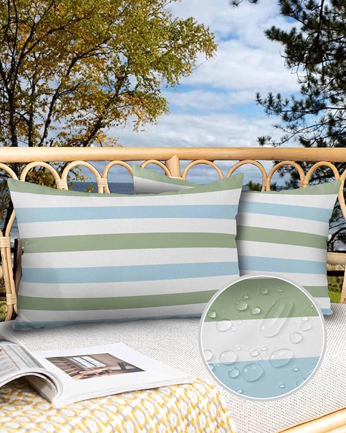 Outdoor Waterproof Throw Pillow Covers 20x12Inch, Spring Stripes Pattern Cushions for Garden Patio Furniture Chairs Set of 2, Blue and Sage Green Home Decor Couch Sofa Polyester Pillow Cases