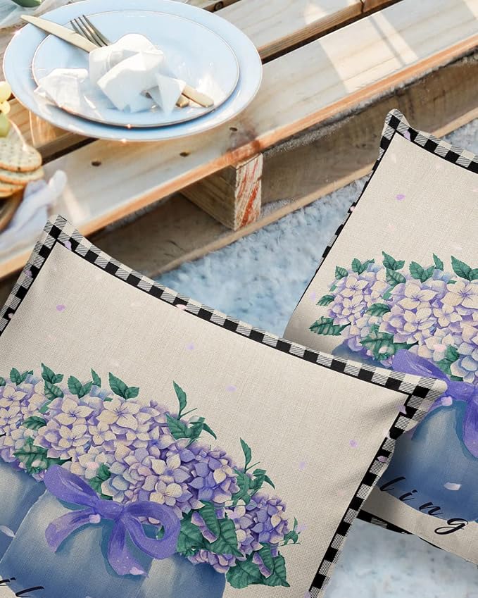 Hydrangea Outdoor Pillow Shams Set of 2, Decorative Pillowcases Cushion Case, Soft Throw Pillow Covers Waterproof Pillow Case 24x24 Inch, Purple Flowers in Jar Black Plaid Unfailing Love