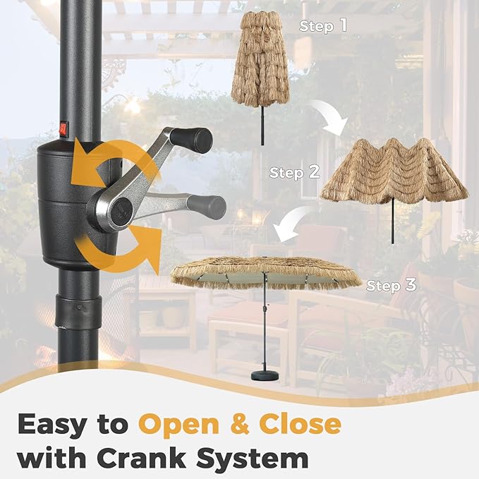 13ft Thatch Umbrella with Solar Lights Tiki Bench umbrella With Crank, Water-resistant for Bench, Patio,Pool