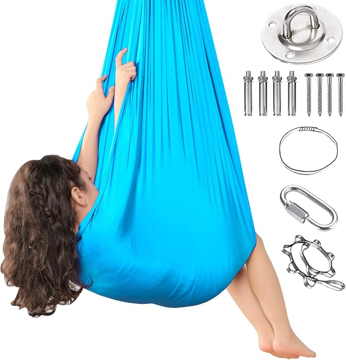 Kids Sensory Therapy Swing Hammock Children's Swing Hammock Indoor Elastic Cuddle Pod Swing for Autism Boys Girls with ADHD SPD Asperger's Sensory Integration Special Needs (Light Blue)