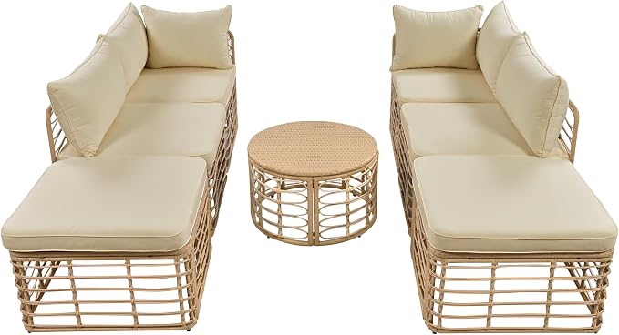 LUMISOL 7-Piece Rattan Patio Furniture Set, Boho Outdoor Conversation Set Sectional Sofa with Thick Cushions, Single Sofa Chairs, Ottomans & Coffee Table for Backyard & Garden, Brown