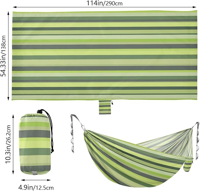 Camping Hammock Outdoor Hammocks for Outside Green Gray Stripe Beach Trees Portable Lightweight with Pockets Tree Straps Indoor