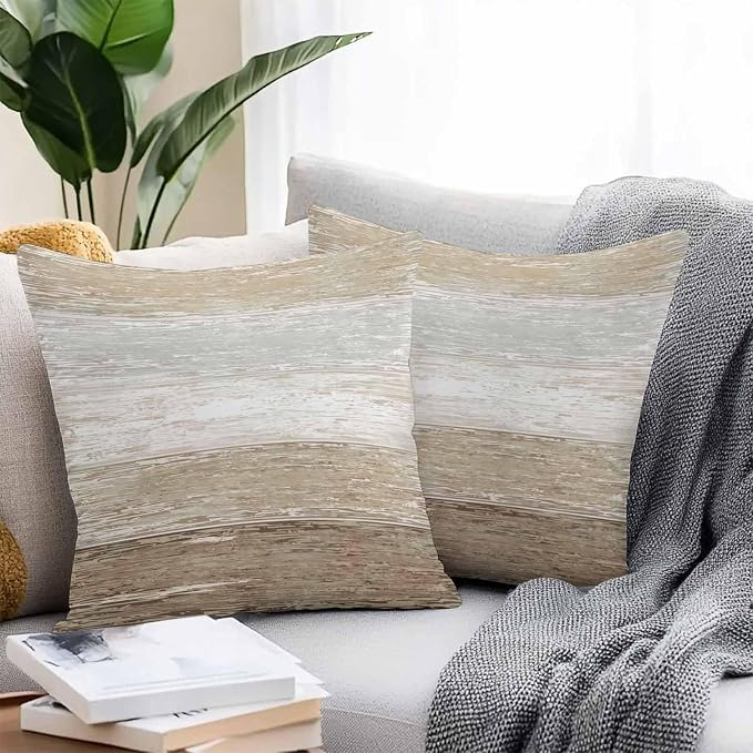 Brown Gray Outdoor Pillow Covers 20"x20" Set of 2, White Gradient Rustic Striped Minimalist Country Waterproof Throw Pillow Covers for Patio Furniture, Decorative Cushion Covers for Porch