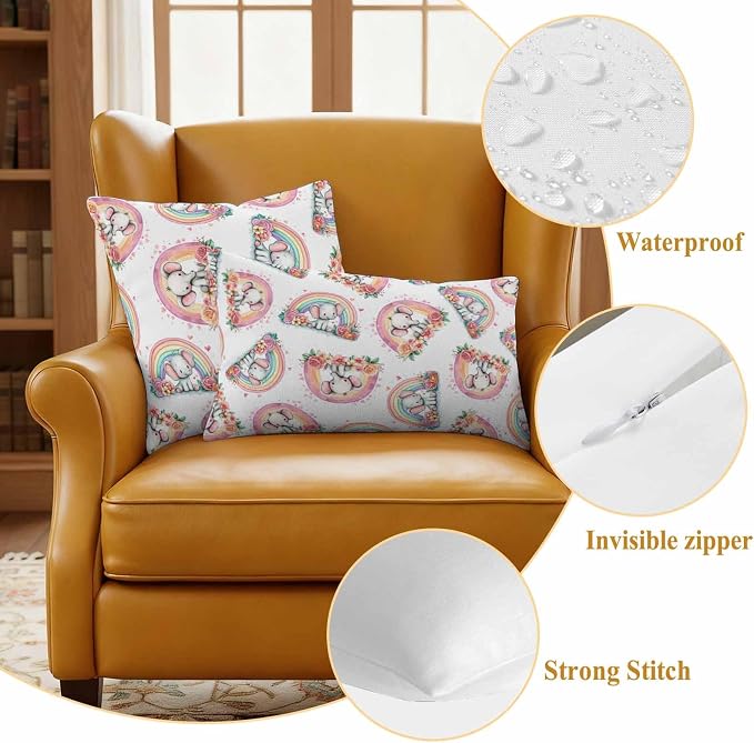 Yukro Rainbow Elephant Outdoor Waterproof Pillow Covers Pack of 2, Pink Red Flower Love Watercolor Animal Throw Pillowcases Decorative Cushion Covers for Garden Patio Tent Sofa Couch, 24x24 inch