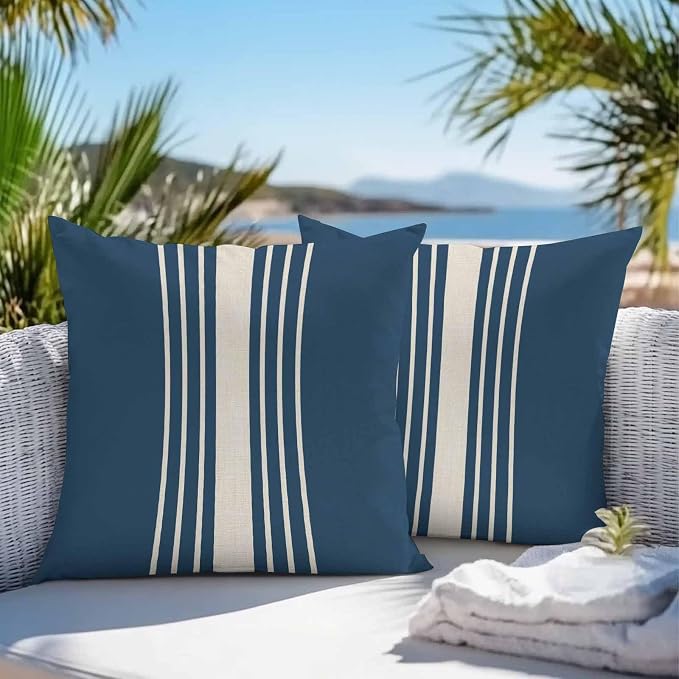Throw Pillow Covers 24x24 Inch Set of 2, Navy Blue Beige Striped Waterproof Outdoor Cushion Covers, Modern Farmhouse Retro Lines Decorative Pillowcases for Couch, Sofa, Bed, Garden, Patio