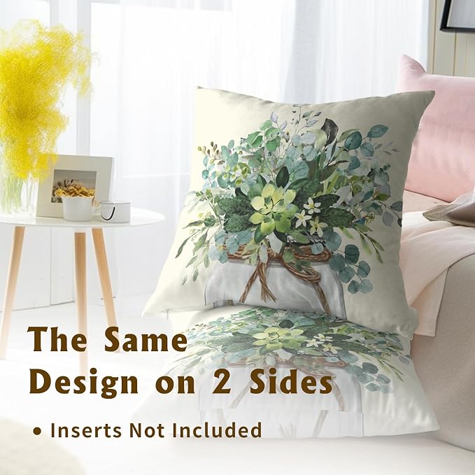 Green Plant Leaf Pillow Covers 20x20 Inch, 2Pcs Watercolor Eucalyptus Leaves Throw Cushion Cover Pillow Case Spring Summer Farmhouse Home Decor for Sofa Bed Couch