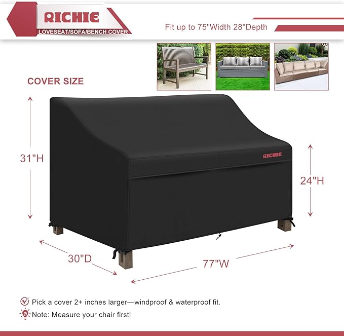 RICHIE Waterproof Patio Sofa Cover 3-Seater - Outdoor Furniture Covers for Loveseat/Couch with Air Vents & Handles, 77"W*30"D*31"H, Black