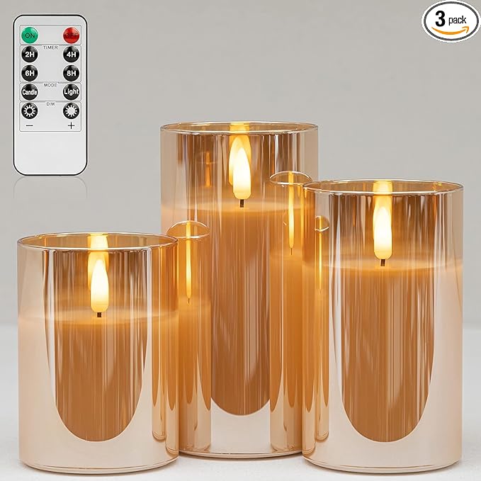 Glass LED Flameless Candles Set with Remote, Gold Battery Operated Fake Candles, Real Wax with Warm Flickering Light, Safe Decorative Pillar Candles for Home, Wedding, Party Gift (Pack of 3)