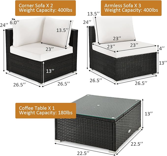 HAPPYGRILL 6 Pieces Outdoor Patio Furniture Set, PE Rattan Conversation Set with Tempered Glass Coffee Table and Cozy Cushions, Weather Resistant Sectional Sofa Set, White