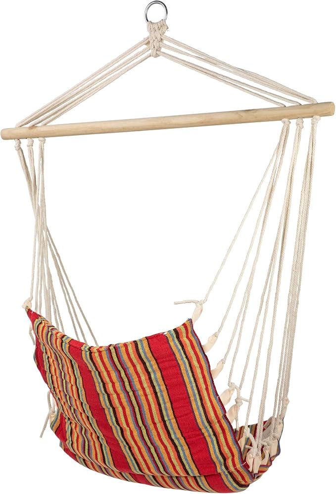 Striped Hammock Chair with Padding and Wooden Bar -34" x 21" - Red and Yellow