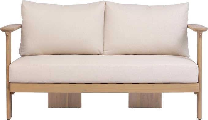 Christopher Knight Home Kera 4-Seater Patio Furniture Set with Removable Cushion, 4 Piece Outdoor Acacia Wood Conversation Set, Sold Wood Outdoor Sectional Sofa Set with Coffee Table, Brown+Beige