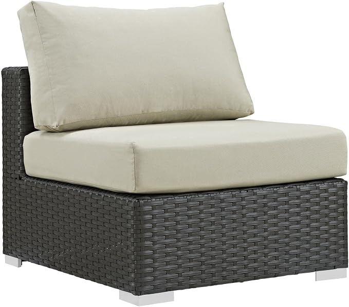 Modway Sojourn Wicker Rattan 10 Piece Outdoor Patio Sunbrella Sectional Set in Canvas Antique Beige