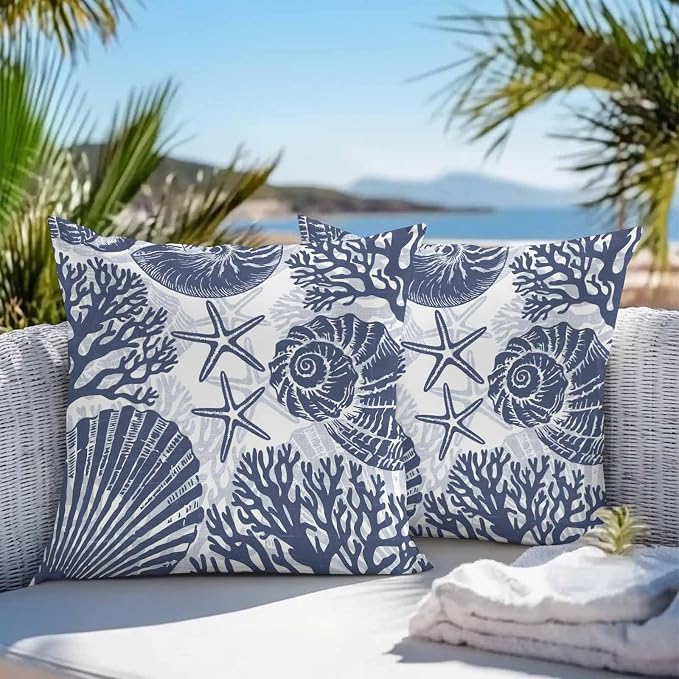 Outdoor Pillow Covers 18x18 Inch Set of 2, Navy Blue Coastal Waterproof Throw Pillow Covers, Beach Starfish Nautical Coral Shell Summer Decorative Cushion Pillowcases for Couch Sofa Bed Garden Patio