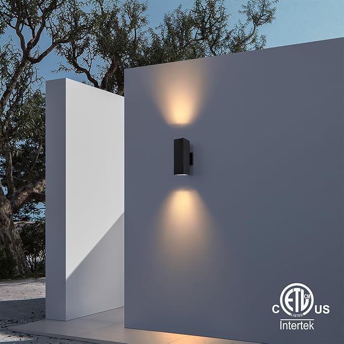 mirrea 12" Modern Outdoor Porch Light in 2 Lights, Matte Black, 2 Pack | Patio wall sconce, aluminum rectangular tube, tempered glass, waterproof. Up & down lighting for outdoor wall mount fixture.