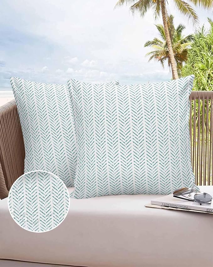 Turquoise Striped Outdoor Pillow Covers Waterproof,All Weather Cushion Case Set of 2 Decorative Pillowcases for Sofa Couch Bed Decor Patio Furniture 18"x18" White Geometric Minimalist Boho Striped