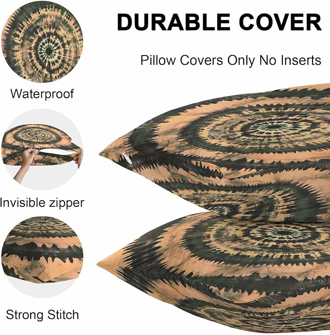 Vandarllin Outdoor Throw Pillows Covers 16x16 inch Set of 2 Waterproof Brown Tie-Dye Art Decorative Zippered Cushion Covers for Patio Furniture, Abstract Boho Tribe Lumbar Pillowcases