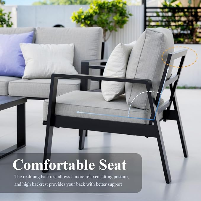 Aluminum Outdoor Patio Furniture Set, 4 Piece Sectional Coversation Sets with Coffee Table, Modern Outdoor Sofa Couch with Thick Cushions for Porch, Balcony, Garden, Light Gray